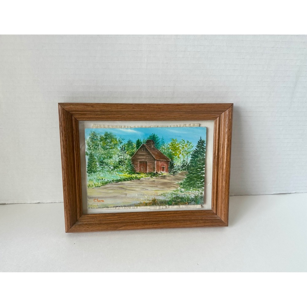 Vintage Clara Signed Barn Oil Painting Reversible Quilt Art Wood Frame 8.5x6.5